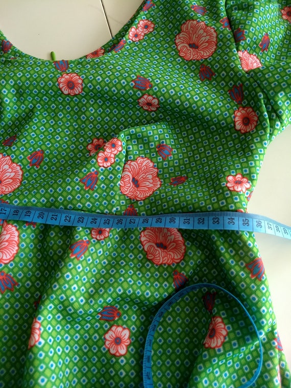 Vintage Empire Waist Dress, Apple Green, Red Flow… - image 6