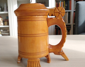 Primitive Norwegian Handcraft Wooden Beer Mug / Lion / Jar / Cabin