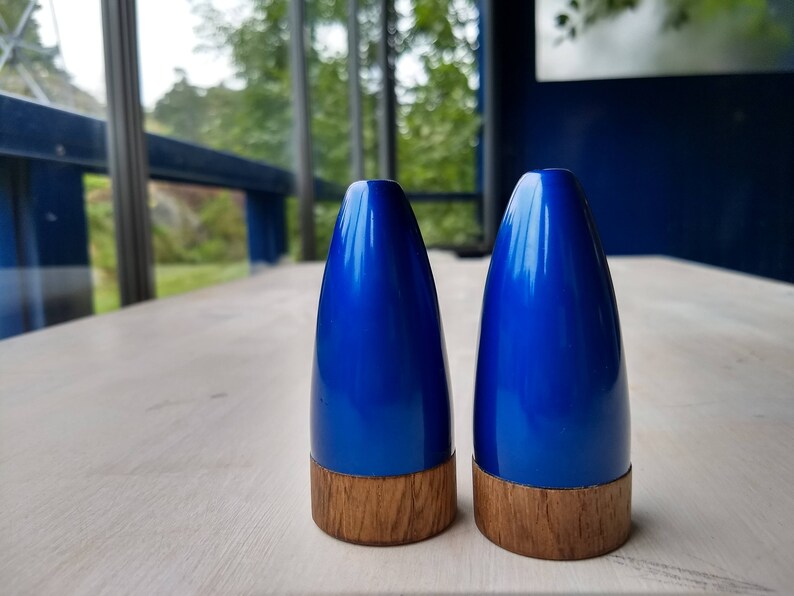 Scandinavian vintage enamelled salt and pepper shakers teak