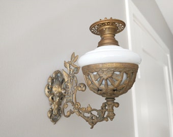 Antique Cast Iron Lantern Sconce / Wall Sconce / Milk Glass / Dragonfly