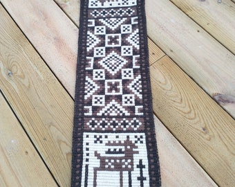 Scandinavian Hand Embroidered Table Runner, Deer, Farmhouse, Country, Brown White