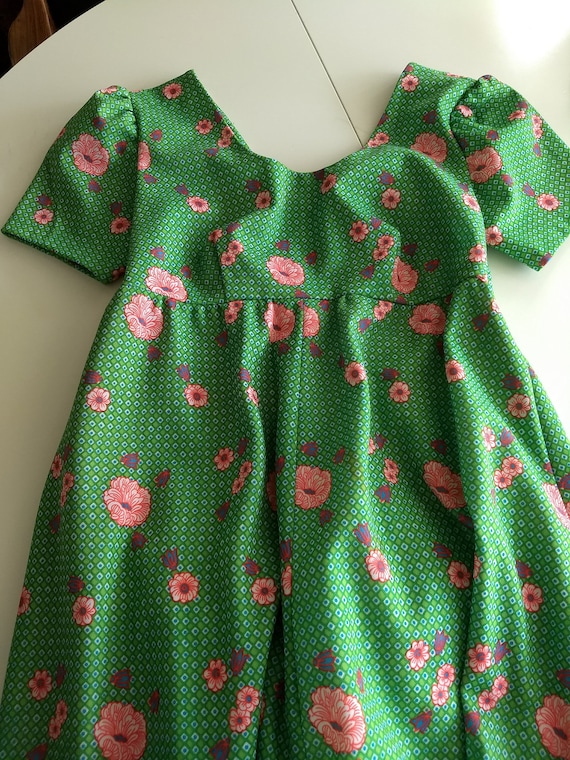 Vintage Empire Waist Dress, Apple Green, Red Flow… - image 1