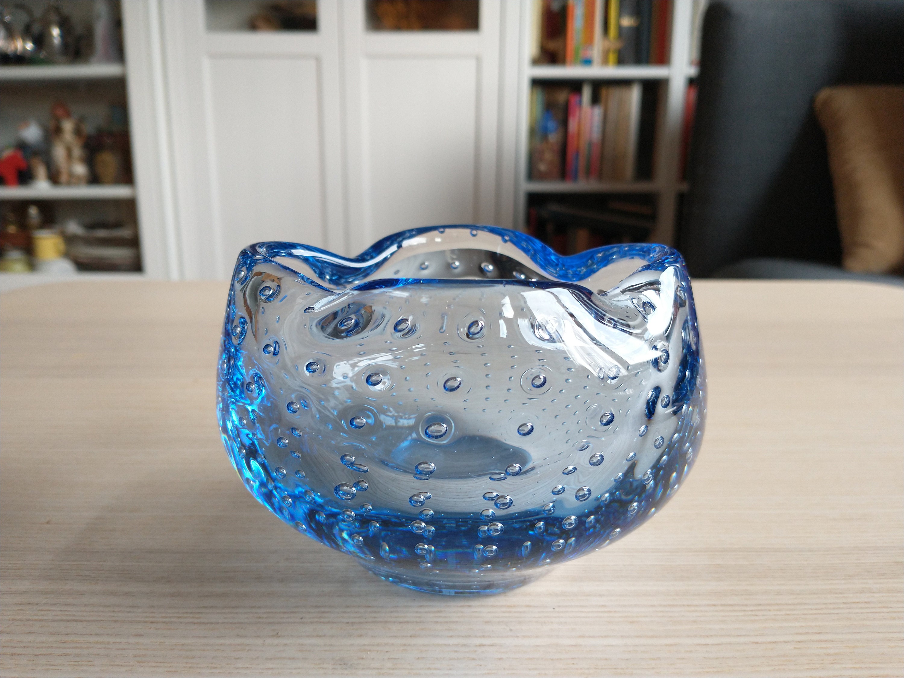 Italian Murano Blue Bubble Glass Ashtray / Tealight Holder / Mid