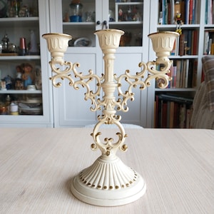 Cast Metal Candle Holder / 3-Arm Vintage Candle Holder / Cream White