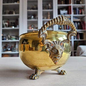 Handled Lion Brass Flower Pot / Jardiniere / Maximalism