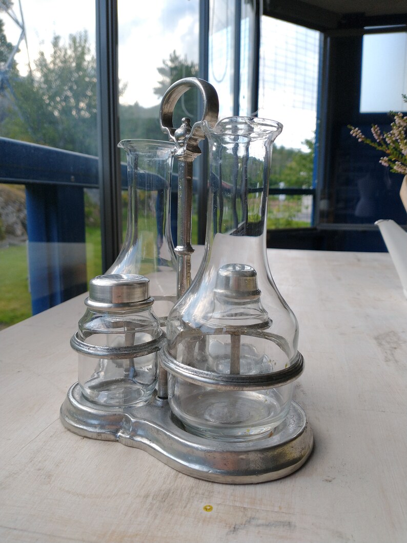 Antique Cruet Set Solid Pewter Stand Etsy