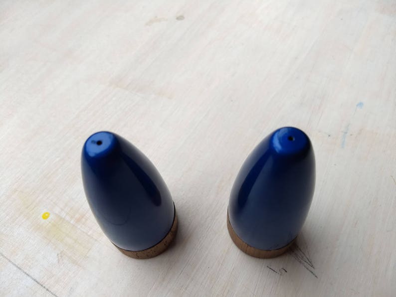 Scandinavian vintage enamelled salt and pepper shakers teak