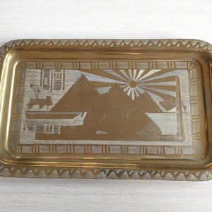 Egyptian Hand Etched Brass Tray / Giza / Pyramid / Sphinx / Ancient Ornament