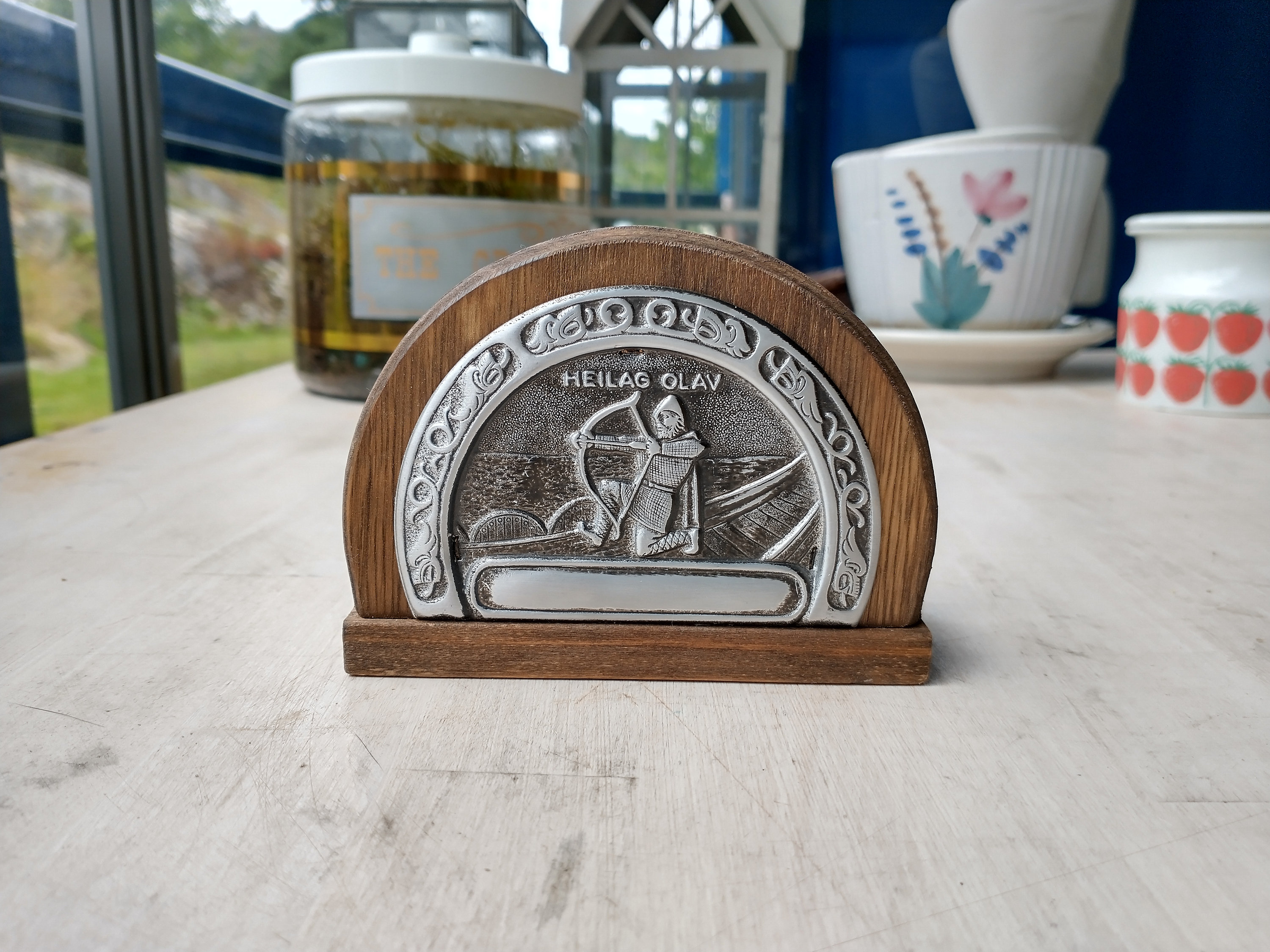 Vintage St. Olaf Pewter Napkin Holder: Norwegian Letter Holder
