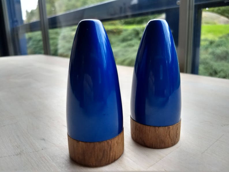 Scandinavian vintage enamelled salt and pepper shakers teak