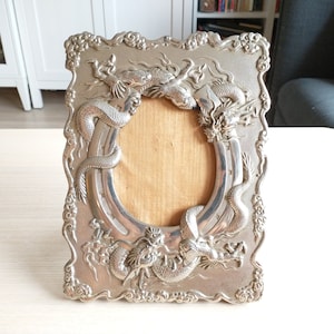 Vintage Chinese Dragon Picture Frame: Pewter Horseshoe Wedding Decor