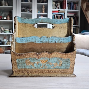 Organizador de escritorio de madera estilo florentino / Oro y azul / Romántico / Maximalismo