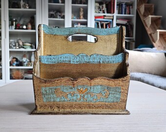 Schreibtisch-Organizer aus Holz im Florentiner Stil / Gold und Blau / Romantisch / Maximalismus