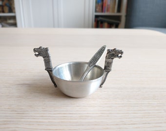 Vintage Pewter Viking Ship Salt Dish with Spoon