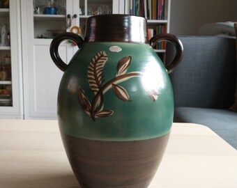Nittsjö Sweden, Ceramic Vase, Pottery, Brown and Green, Double Handle, Vintage