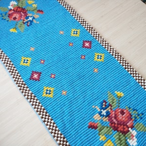 Norwegian Blue Hand-Embroidered Table Runner / Rose / Floral / Farmhouse