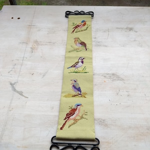 Vintage Norwegian Embroidered Bird Bell Pull: Scandinavian Wall Decor