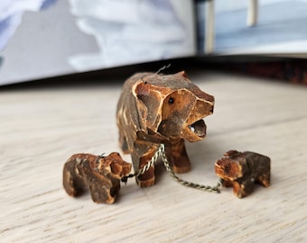 Miniature Black Forest Hand-Carved Mother Bear with Baby Bears/Gift