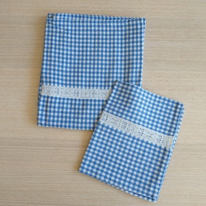 Vintage Blue Check Baby Duvet Cover Set with White Embroidery