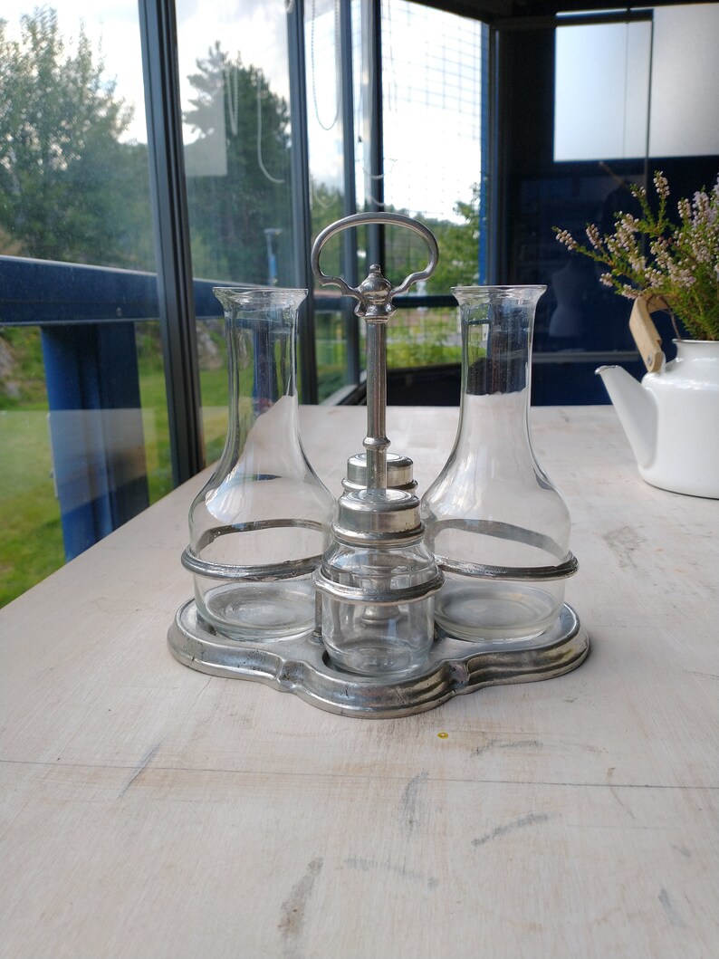 Antique Cruet Set Solid Pewter Stand Table Decor Wedding Etsy