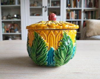 Stunning Glazed Ceramic Sugar Bowl / Orange and Green / Maximalism