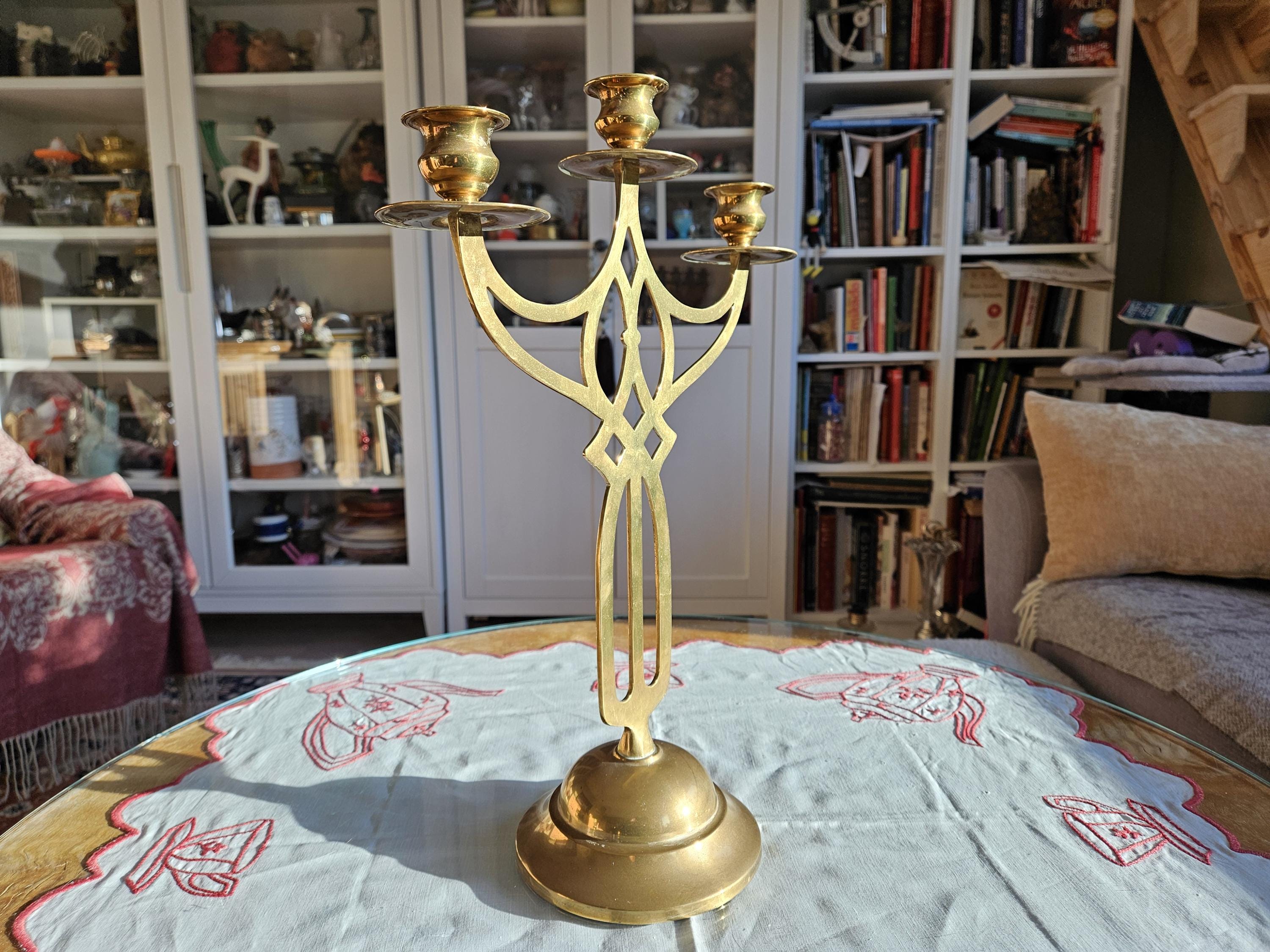 Vintage Art Nouveau Brass Candelabra - Scandinavian 3-arm