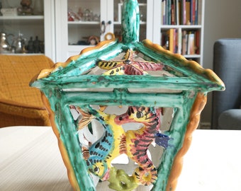 Italian, Sea Animals, Majolica Lantern, Green, Ornament, Decor