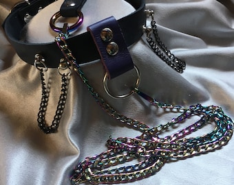 Genuine Latigo leather BDSM play collar with matching rainbow leash. Heavy duty nickel and lead free parts along with two part screw rivers