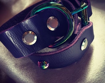Rainbow O-ring bdsm collar in this deep purple Latigo leather