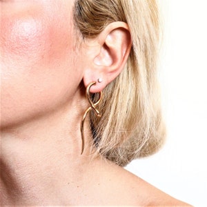 Gold Snake Stud Earrings "Hanging" Snake, handmade BRASS metal gold-plated, Dangle Snake Earrings