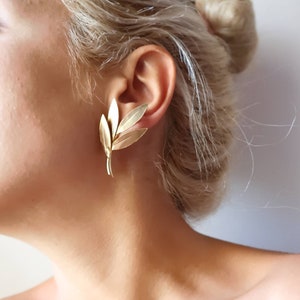 Olive Leaves earrings, gold leaf earrings, ear jackets, ear cuffs, statement earrings '' Physis" handmade BRASS metal in gold-plated 18K