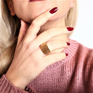 Gold Iconic Dome Ring, Bold Shiny Sticks, stripes ring, wide band ring ,Chunky Dome Ancient Greek Ring, ''Symbols'' BRASS gold-plated 18K