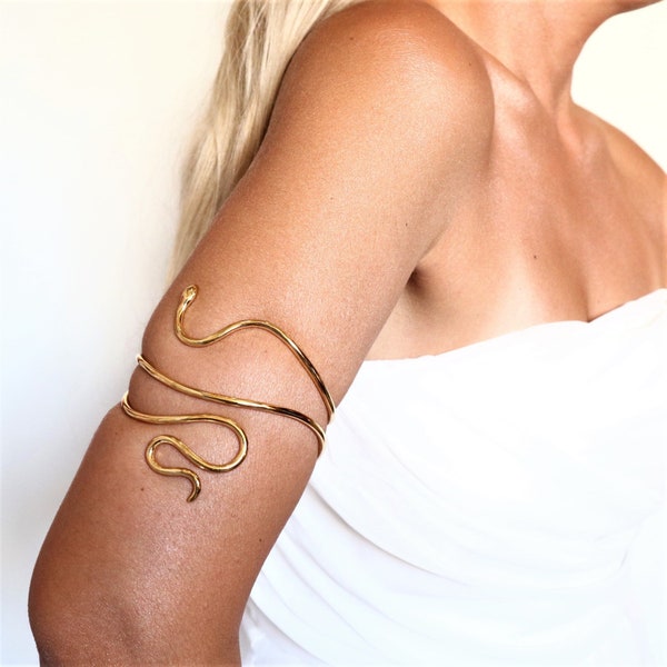 Upper Arm Cuff, Armband GOLD-PLATED Grecian Goddess, Single Snake "Ofis" - Brass handmade, Gold Armband/ Snake Cuff/ Trendy minimal armband
