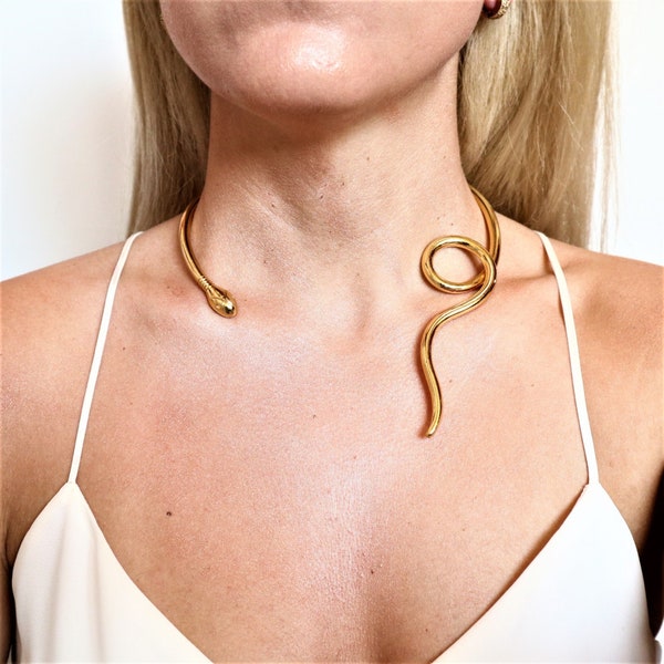 Twisted Single Loose Snake necklace, Serpent Necklace, handcrafted brass gold-plated 18K/ Gold Choker Collar Necklace, Ancient Greek Jewelry