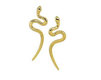 Statement Curvy Snake Earrings ''Ofis '' Collection, handmade brass Goldplated/Hanging Serpent earrings/Gold dangle drop snake earrings