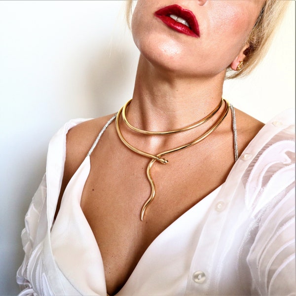 Double Coiled Snake necklace '' Ofis '' handmade BRASS metal in gold-plated 18K/ Gold Choker Collar Necklace/ Minimal Gold Choker