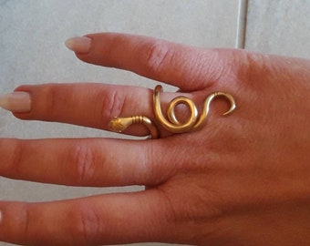 Gold Snake Ring: Handmade Brass Serpent, Adjustable Size