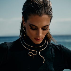Handmade Brass Twin Snakes Choker Necklace - Gold-Plated