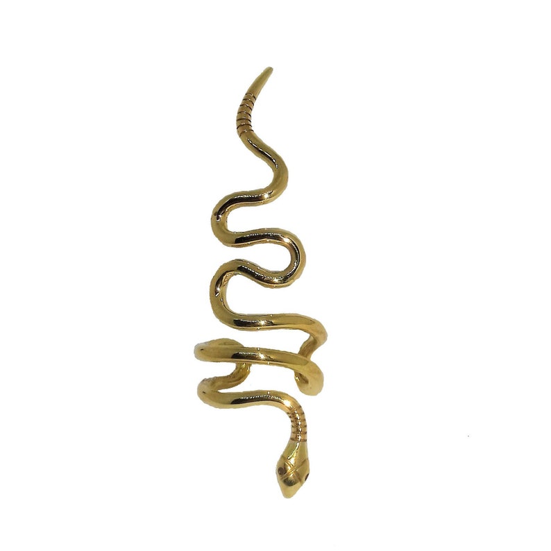 May include: A gold-colored snake ring with a coiled design. The ring is made of metal and has a smooth finish.