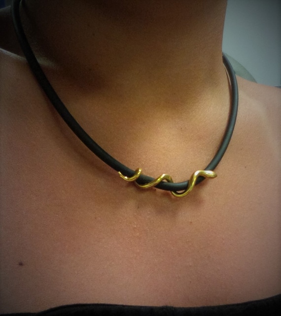 Handmade Gold-Plated Brass Snake Necklace - Rubber Cord
