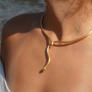 Snake Tie necklace '' Ofis '' handmade BRASS metal in gold-plated 18K image 4