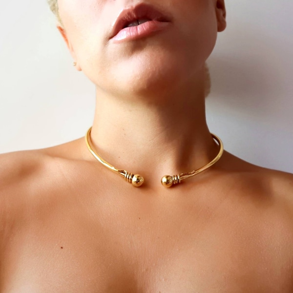 Balls Choker necklace, Gold choker, minimal hinged necklace, Solid Statement Two balls handmade choker necklace in BRASS metal gold-plated