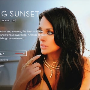 May include: A screenshot of the Netflix show "Selling Sunset" with a woman in the foreground. The text "Back on the Market" is displayed above the woman. The text "Agents bring the heart - and movers, the heat - to the once-homeless Chrishell's housewarming. Amanza reveals her troubles, and a date grows awkward." is displayed below the woman. The text "Resume S4: Ep. 7" is displayed in a red bar at the bottom of the screen.