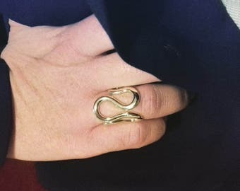 May include: A gold-toned ring with a unique, abstract design. The ring is shaped like a stylized letter 'S' and is worn on a finger.