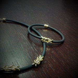 Knots Necklace gold plated with solid round rubber cord, Greek Knots necklace &quot;Symbols&#39;&#39; handmade BRASS metal in gold-plated 18K