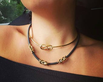 Eternity Knot Choker Necklace Gold-plated  Collar, Gold Minimal Choker Necklace Grecian-style "Symbols'' handmade BRASS metal gold-plated