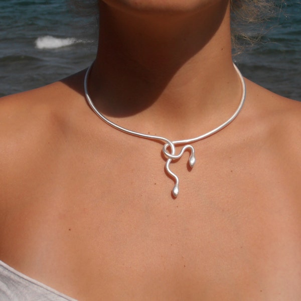 Two "Tangled" Snakes Necklace - Handmade BRASS metal sterling silver plated ancient greek necklace