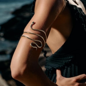 Gold Plated Brass Snake Arm Cuff, Handmade Greek Goddess Armband
