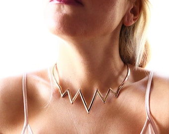 Gold Thunder Necklace, Statement Gold Choker Symbols handmade BRASS gold-plated 18K, Ancient Greek inspired necklace, choker, Jewelry