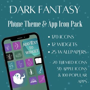 Puede incluir: Una maqueta de pantalla de teléfono con un tema de fantasía oscura. La pantalla muestra una cuadrícula de iconos de aplicaciones con un icono de fantasma en el centro. El texto "ADD TEXT TO WIDGET" es visible en la pantalla. El teléfono está rodeado de un fondo azul verdoso con estrellas blancas. El texto "DARK FANTASY Phone Theme & App Icon Pack" está en la parte superior de la imagen. El texto "170 ICONS, 12 WIDGETS, 25 WALLPAPERS, 20 THEMED ICONS, 50 APPLE ICONS & 100 POPULAR APPS" está en el lado derecho de la imagen.